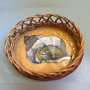 Vintage Rattan/Wood/Glass Conch Seashell Bowl Picture / Trinket Holder - 1933